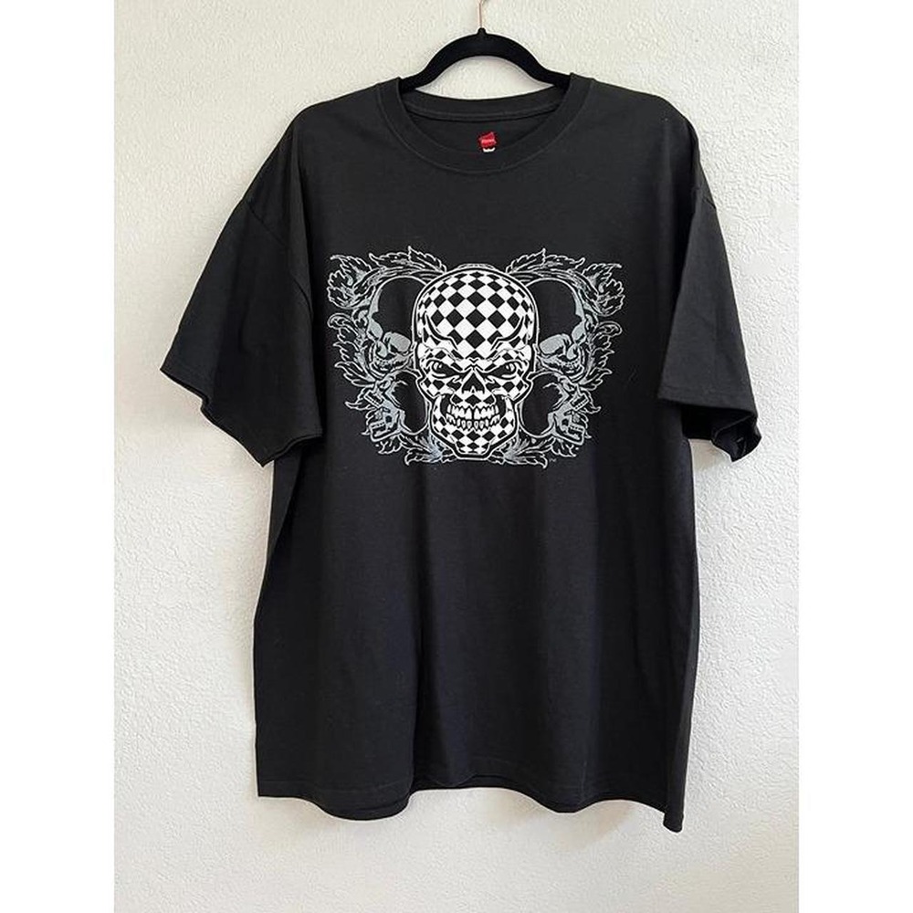 Hanes Mens XL Black Bonehead Nation Checkered Skull Graphic T-Shirt Short Sleeve